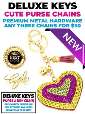 DeLuxe Keys Rhinestone Keychain/Purse Chain TRI COLOR HEART